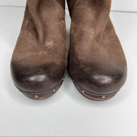 UGG Lynnea brown leather fold over sheepskin lined studded heeled clog boots 7 - Picture 6 of 12